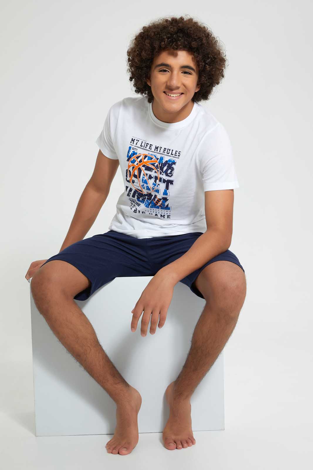 Redtag-White-Basketball-Night-Suit-Pyjama-Sets-Senior-Boys-9 to 14 Years