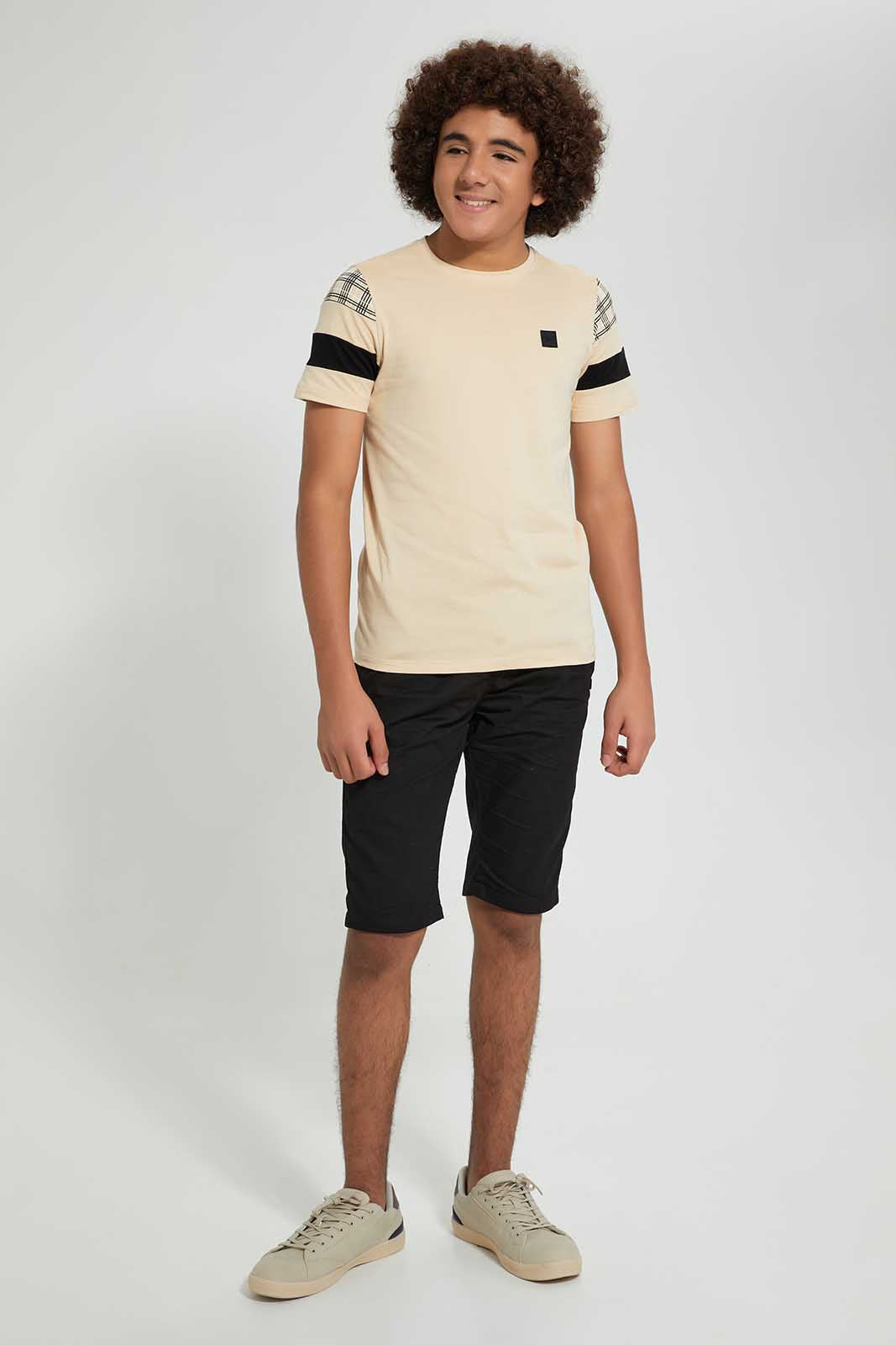 Redtag-Beige-Small-Leather-Patch-T-Shirt-Plain-Senior-Boys-9 to 14 Years