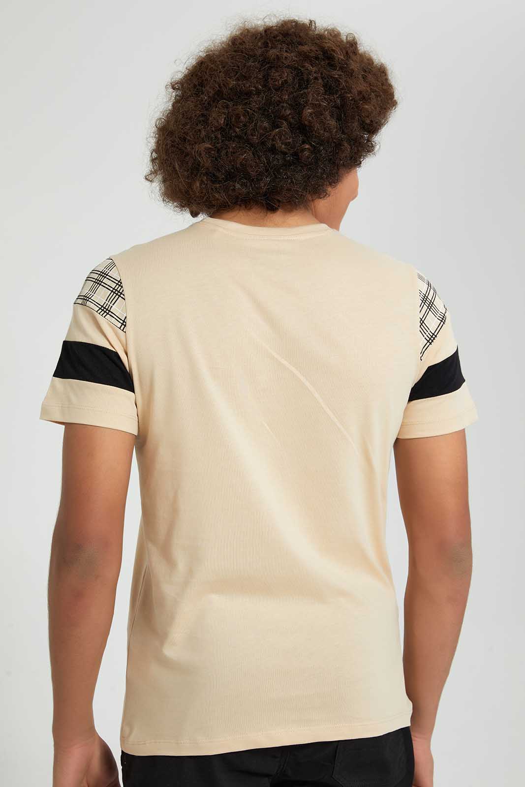 Redtag-Beige-Small-Leather-Patch-T-Shirt-Plain-Senior-Boys-9 to 14 Years