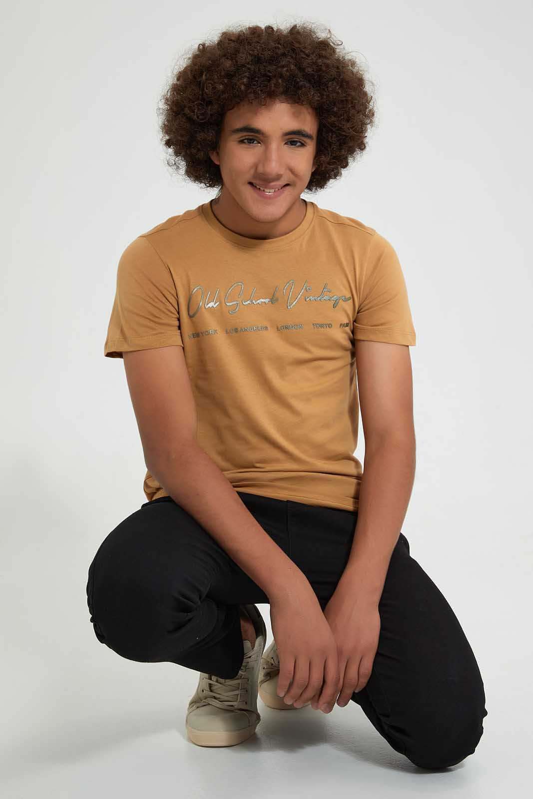 Redtag-Brown-Cities-T-Shirt-All-Over-Prints-Senior-Boys-9 to 14 Years
