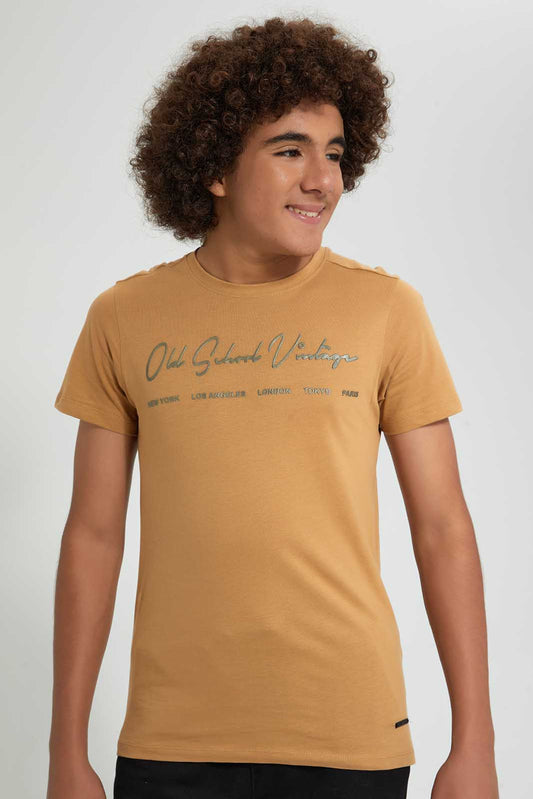 Redtag-Brown-Cities-T-Shirt-All-Over-Prints-Senior-Boys-9 to 14 Years