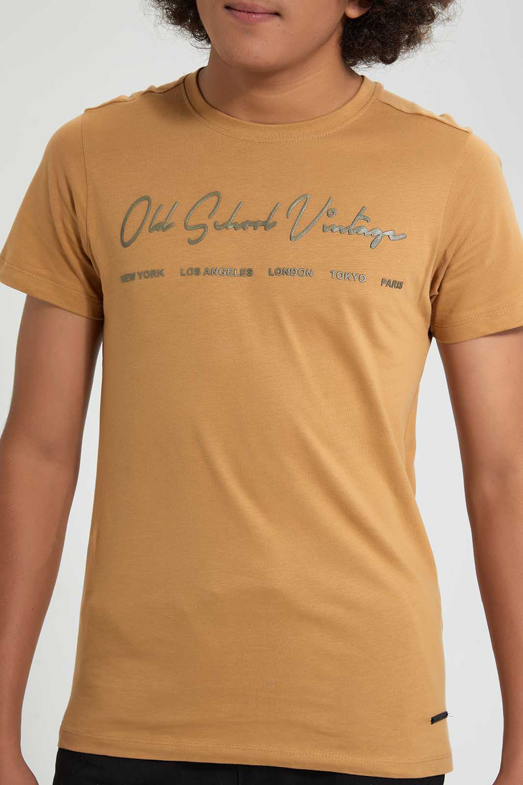 Redtag-Brown-Cities-T-Shirt-All-Over-Prints-Senior-Boys-9 to 14 Years