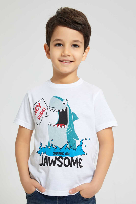 Redtag-White-And-Blue-2-Pack-Assorted-Print-T-Shirt-All-Over-Prints-Boys-2 to 8 Years
