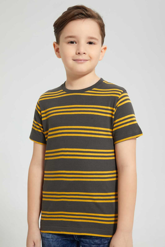 Redtag-Gold-And-Dark-Grey-2-Pack-Assorted-Print-T-Shirt-All-Over-Prints-Boys-2 to 8 Years