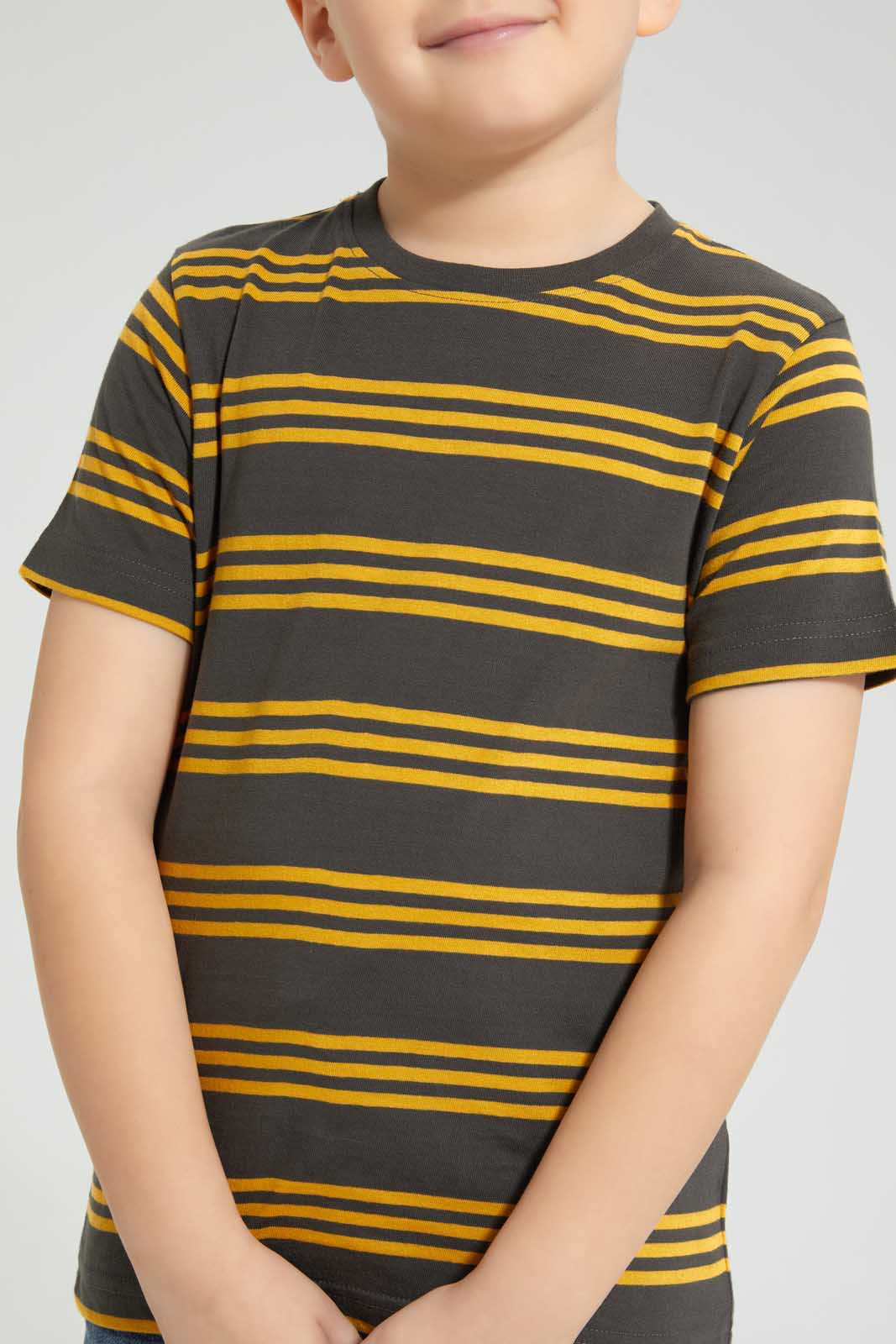 Redtag-Gold-And-Dark-Grey-2-Pack-Assorted-Print-T-Shirt-All-Over-Prints-Boys-2 to 8 Years