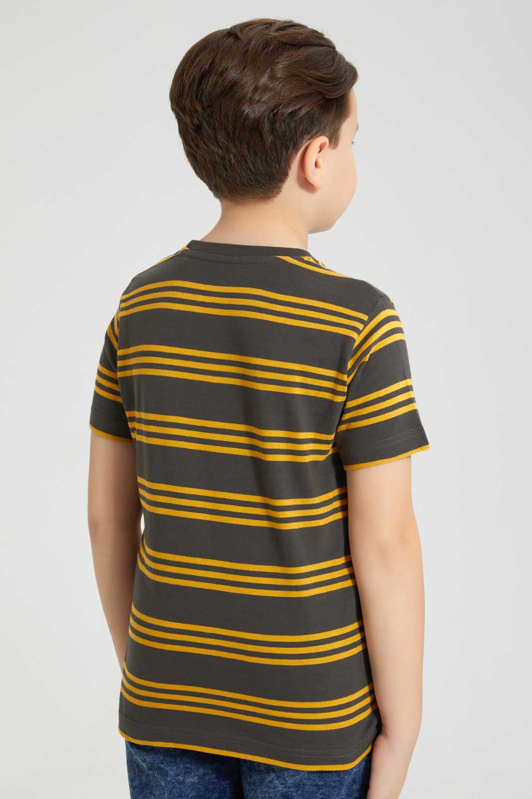 Redtag-Gold-And-Dark-Grey-2-Pack-Assorted-Print-T-Shirt-All-Over-Prints-Boys-2 to 8 Years