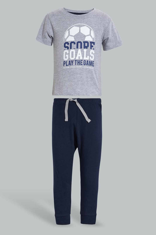 Redtag-Grey-Football-Short-Slv-Tshirt-And-Black-Bottom-Pj-Set-(2-Pack)-Pyjama-Sets-Infant-Boys-3 to 24 Months