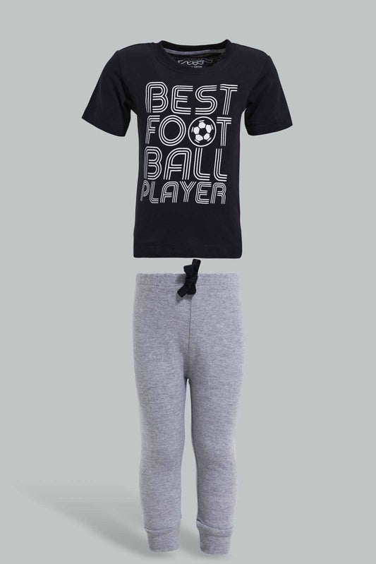 Redtag-Black-Football-Short-Slv-Tshirt-And-Grey-Bottom-Pj-Set-(2-Pack)-Pyjama-Sets-Infant-Boys-3 to 24 Months