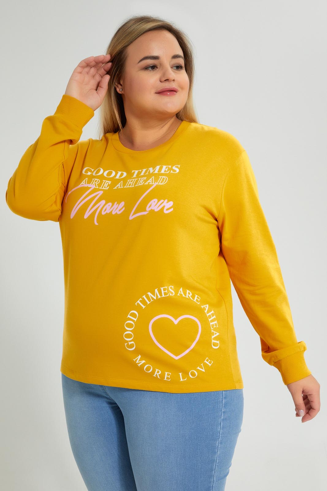 Redtag-Yellow-Good-Times-Sweatshirt-Colour:Yellow,-Filter:Plus-Size,-LDP-Sweatshirts,-New-In,-New-In-LDP,-Non-Sale,-S22A,-Section:Women-Women's-