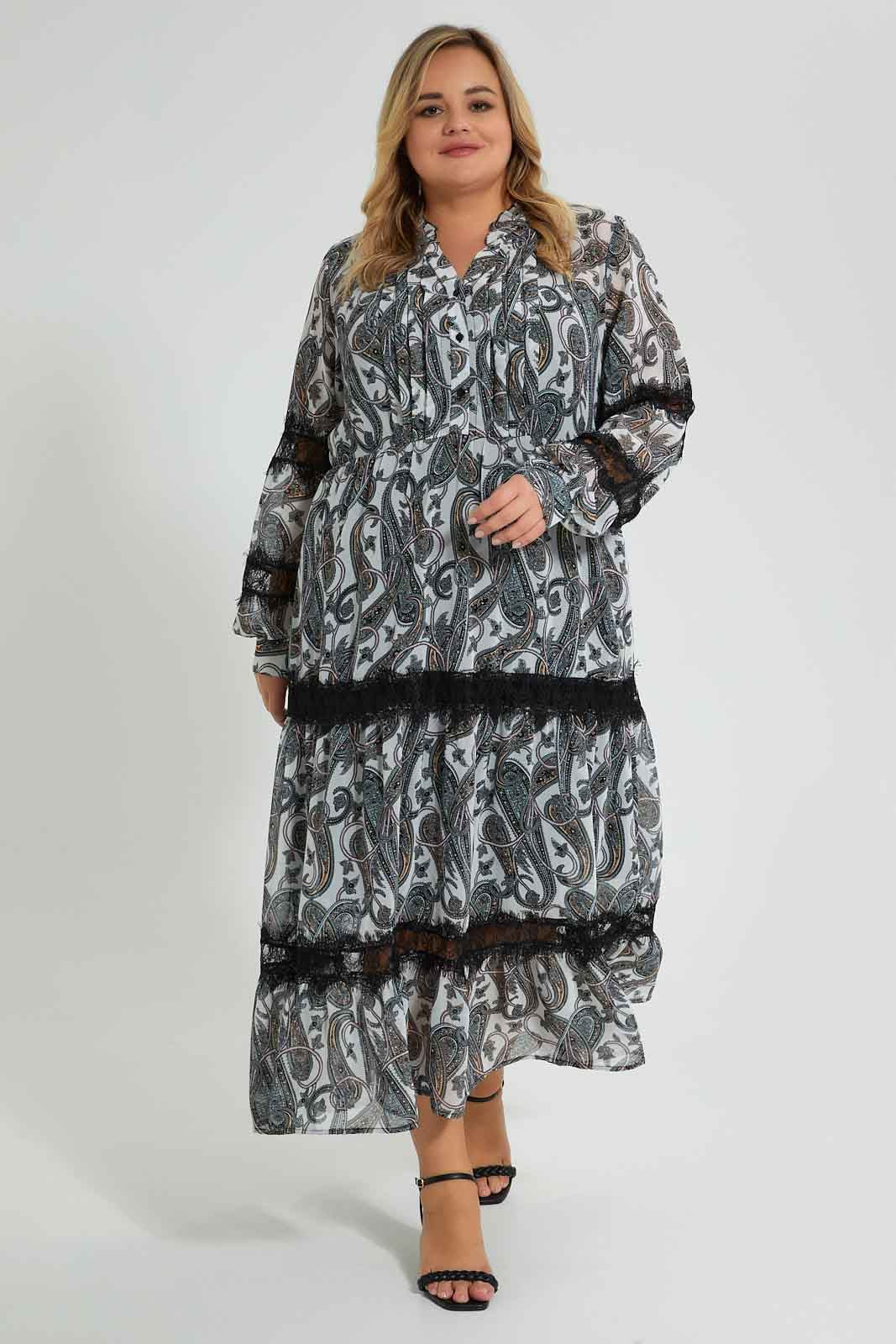 Redtag-Black-And-White-Paisley-Dress-With-Lace-Colour:Black,-Colour:White,-Filter:Plus-Size,-LDP-Dresses,-New-In,-New-In-LDP,-Non-Sale,-S22A,-Section:Women-Women's-