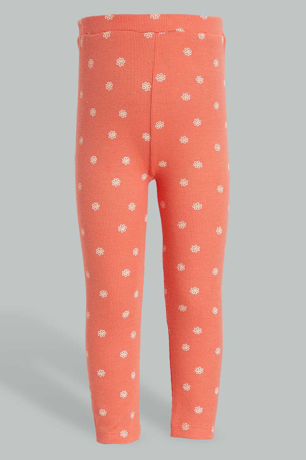 Redtag-White-Embroideredellished-Top-With-Coral-Ribbed-Legging-Sets-Infant-Girls-3 to 24 Months