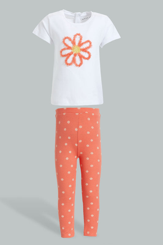Redtag-White-Embroideredellished-Top-With-Coral-Ribbed-Legging-Sets-Infant-Girls-3 to 24 Months
