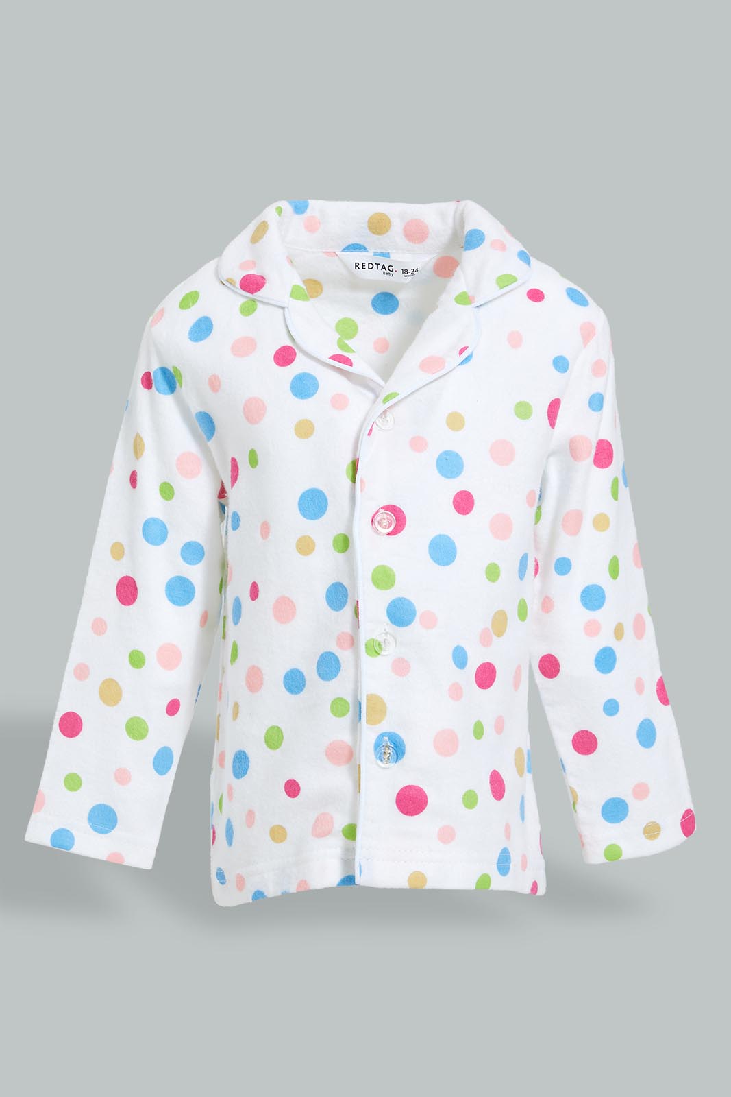 Redtag-White-Polka-Dot-Flannel-Pyjama-Set-Pyjama-Sets-Infant-Girls-3 to 24 Months