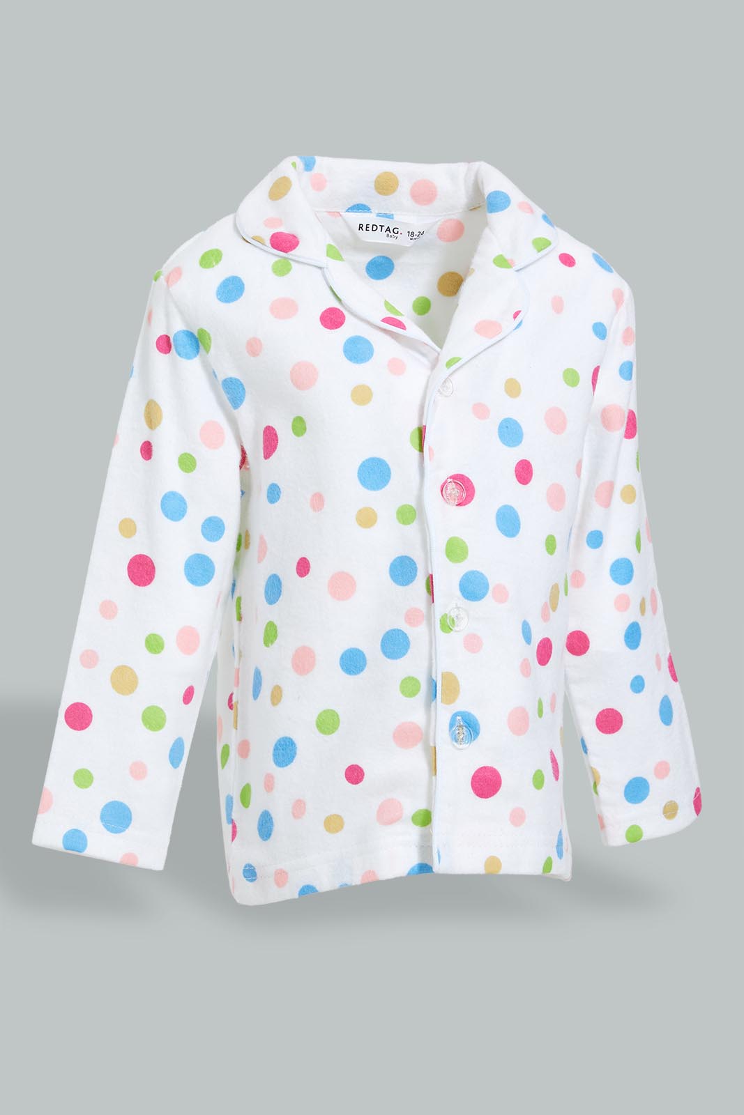 Redtag-White-Polka-Dot-Flannel-Pyjama-Set-Pyjama-Sets-Infant-Girls-3 to 24 Months
