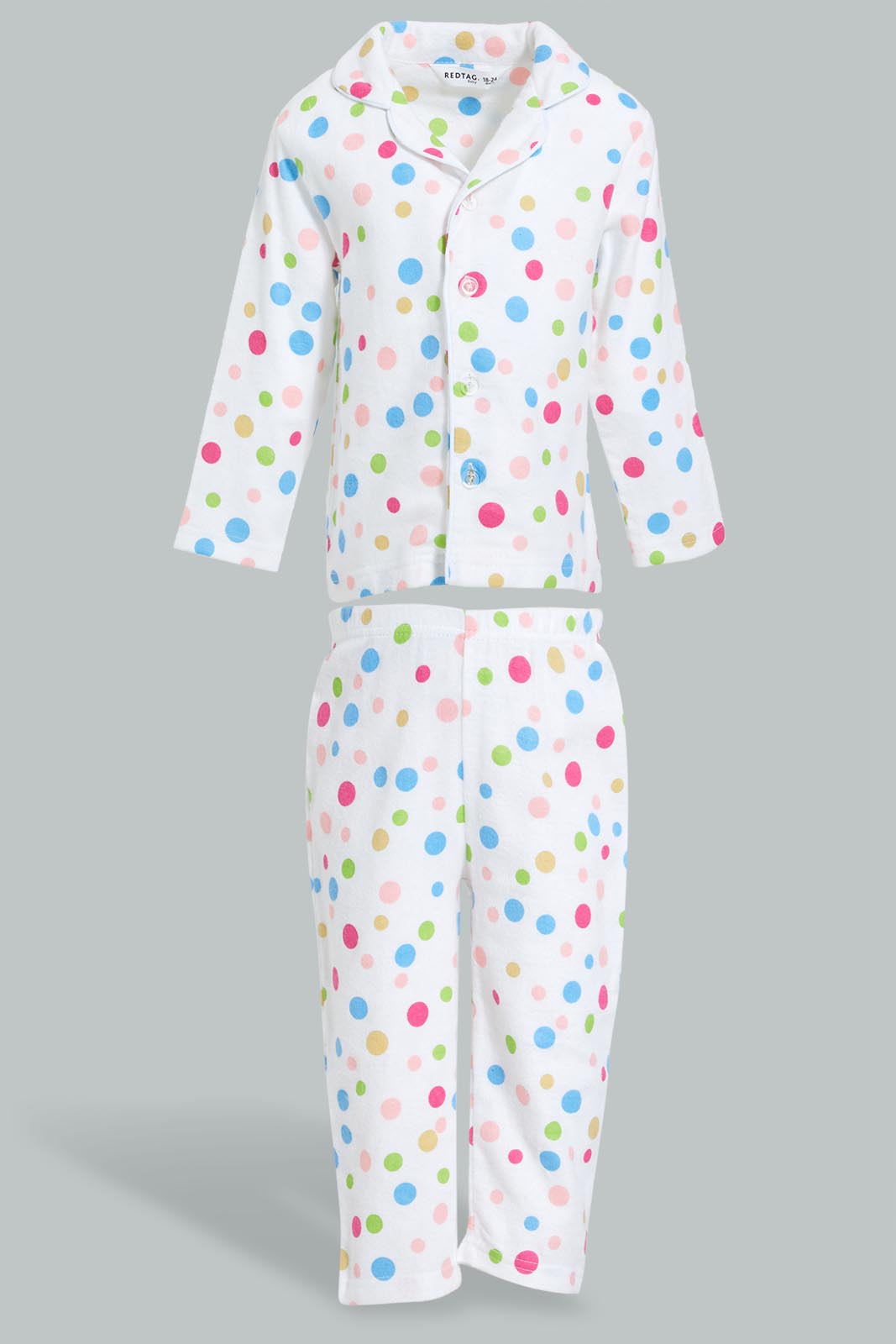 Redtag-White-Polka-Dot-Flannel-Pyjama-Set-Pyjama-Sets-Infant-Girls-3 to 24 Months