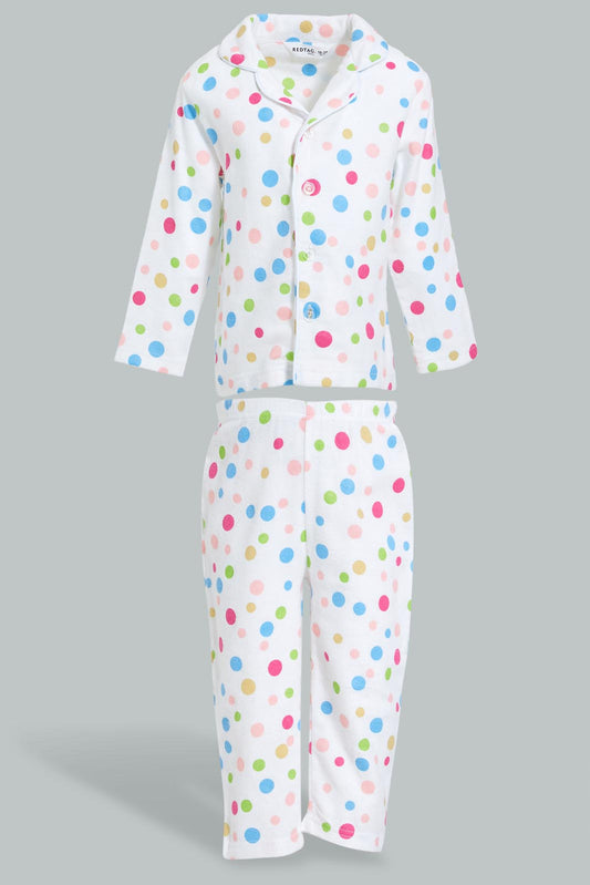 Redtag-White-Polka-Dot-Flannel-Pyjama-Set-Pyjama-Sets-Infant-Girls-3 to 24 Months