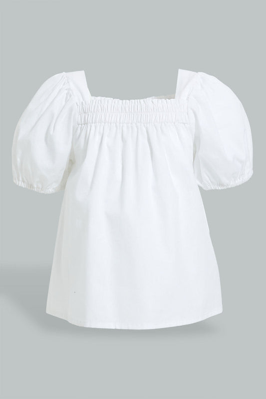 Redtag-White-Puff-Sleeves-Plain-Top-Blouses-Infant-Girls-3 to 24 Months