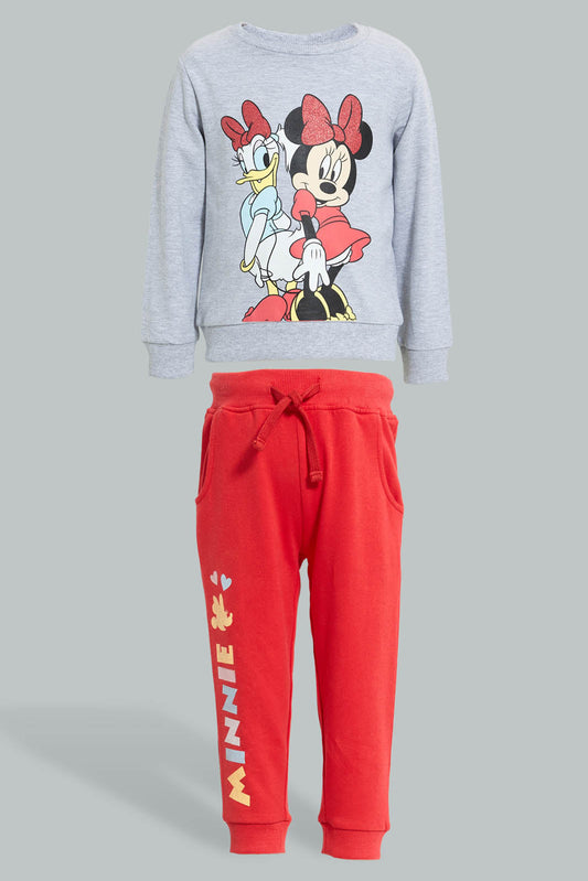 Redtag-Grey-Mel.-Character-Sweat-T-Shirt-With-Red-Printed-Track-Sets-Infant-Girls-3 to 24 Months