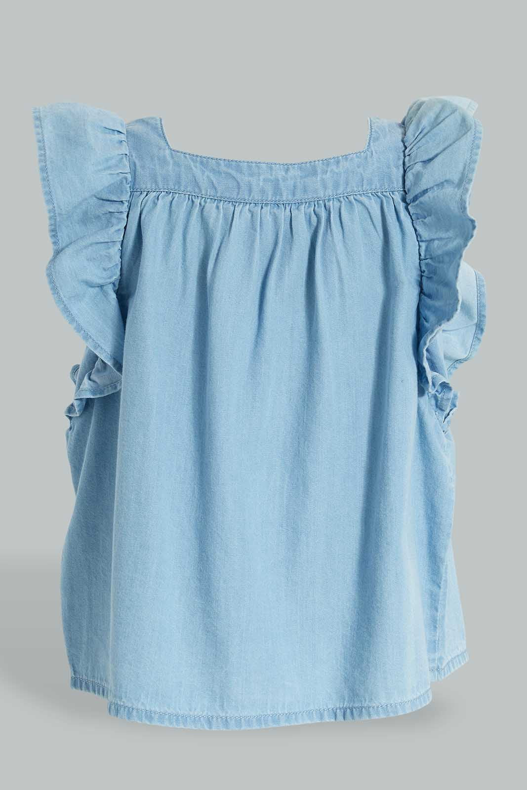Redtag-Blue-Top-With-Side-Frills-And--Buttoned-Details-At-Front-Blouses-Infant-Girls-3 to 24 Months