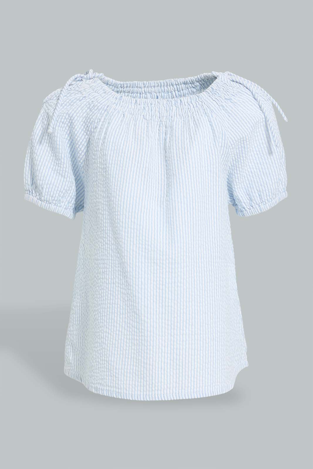 Redtag-Blue-Knotted-Shoulder-Stripped-Blouse-Blouses-Infant-Girls-3 to 24 Months