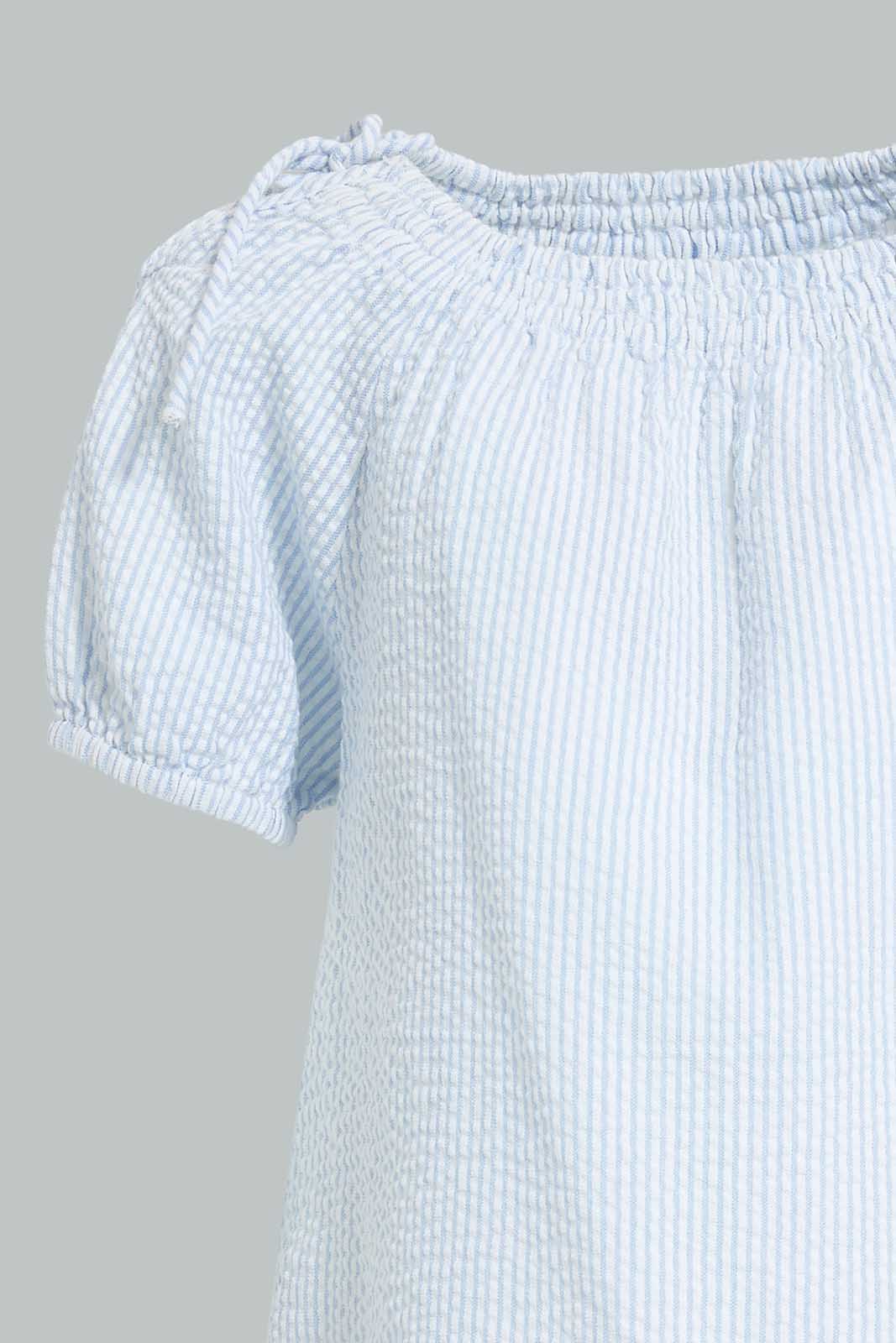 Redtag-Blue-Knotted-Shoulder-Stripped-Blouse-Blouses-Infant-Girls-3 to 24 Months