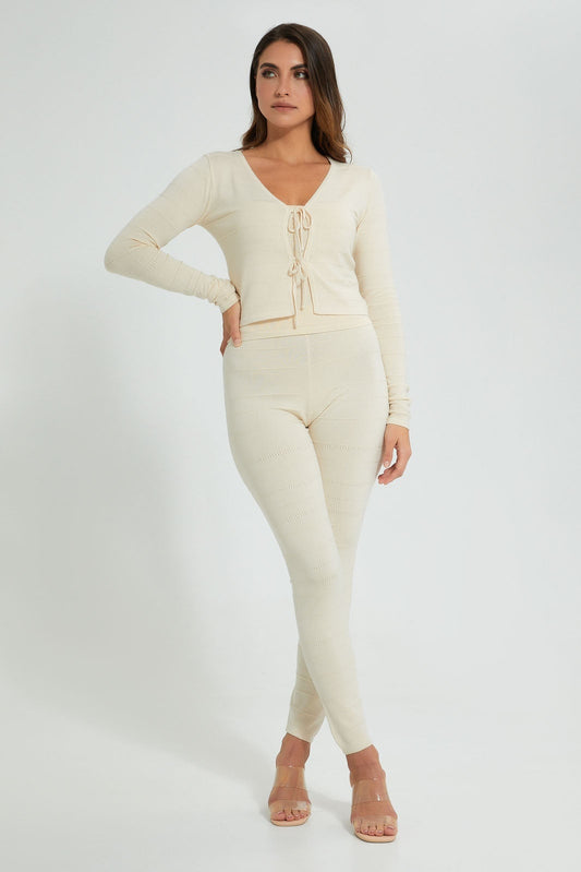 Beige V-Neck Front Tie Cardigan