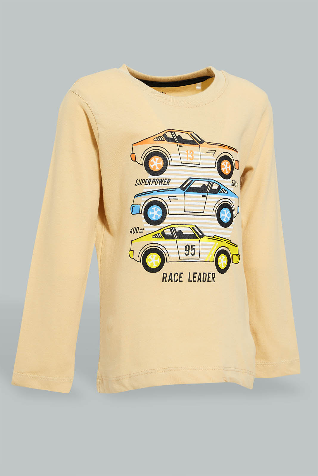 Redtag-Beige-Car-Long-Sleeve-T-Shirt-Long-Sleeves-Infant-Boys-3 to 24 Months