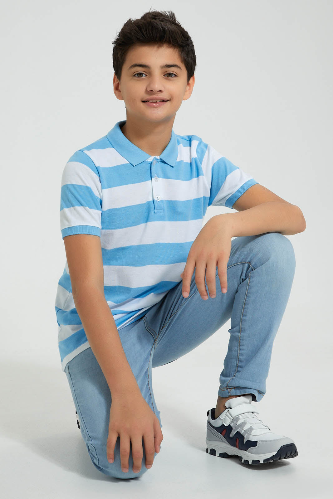 Redtag-Blue-Stripe-Polo-Polo-Shirts-Senior-Boys-9 to 14 Years