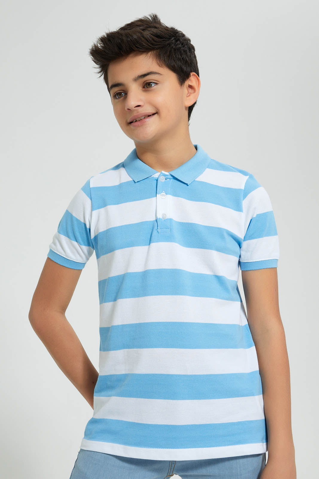 Redtag-Blue-Stripe-Polo-Polo-Shirts-Senior-Boys-9 to 14 Years