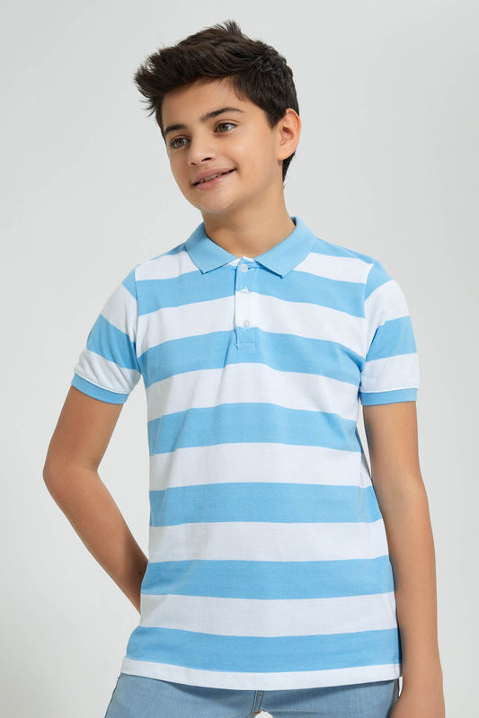 Redtag-Blue-Stripe-Polo-Polo-Shirts-Senior-Boys-9 to 14 Years