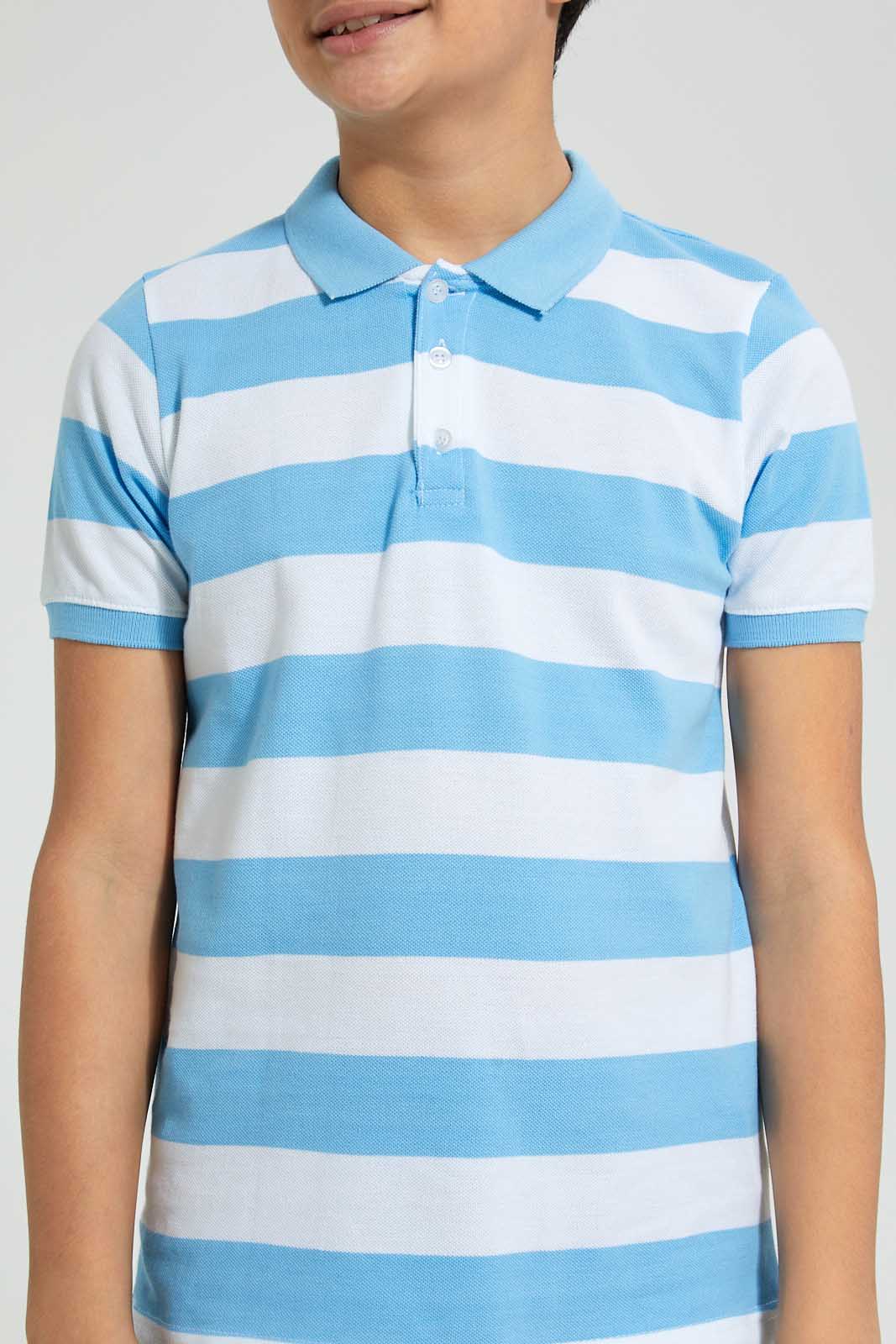 Redtag-Blue-Stripe-Polo-Polo-Shirts-Senior-Boys-9 to 14 Years