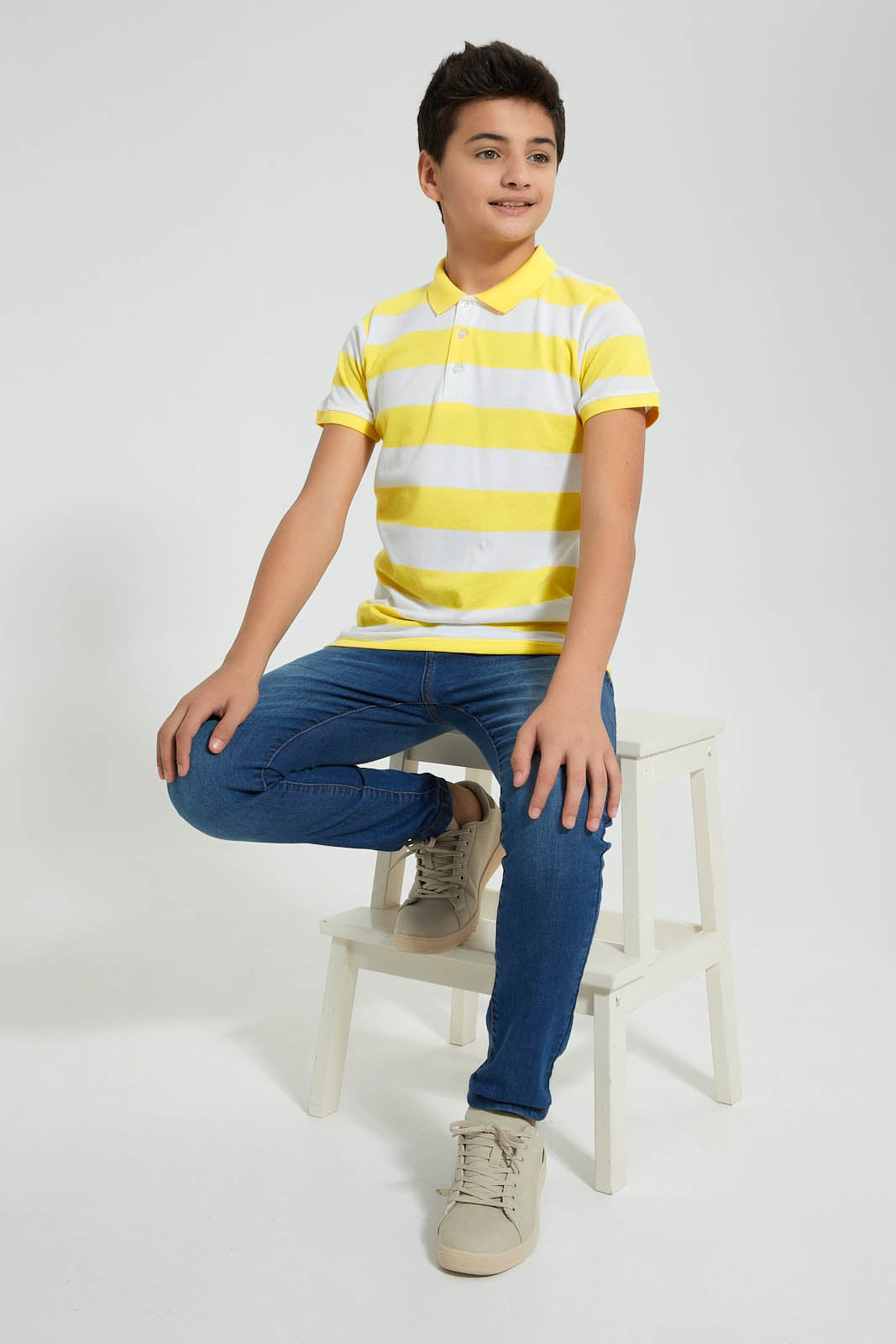 Redtag-Yellow-Stripe-Polo-Polo-Shirts-Senior-Boys-9 to 14 Years
