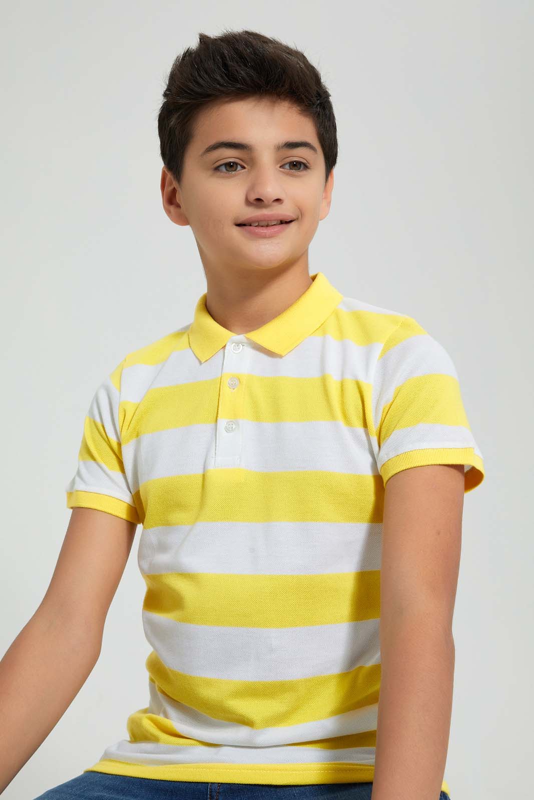 Redtag-Yellow-Stripe-Polo-Polo-Shirts-Senior-Boys-9 to 14 Years