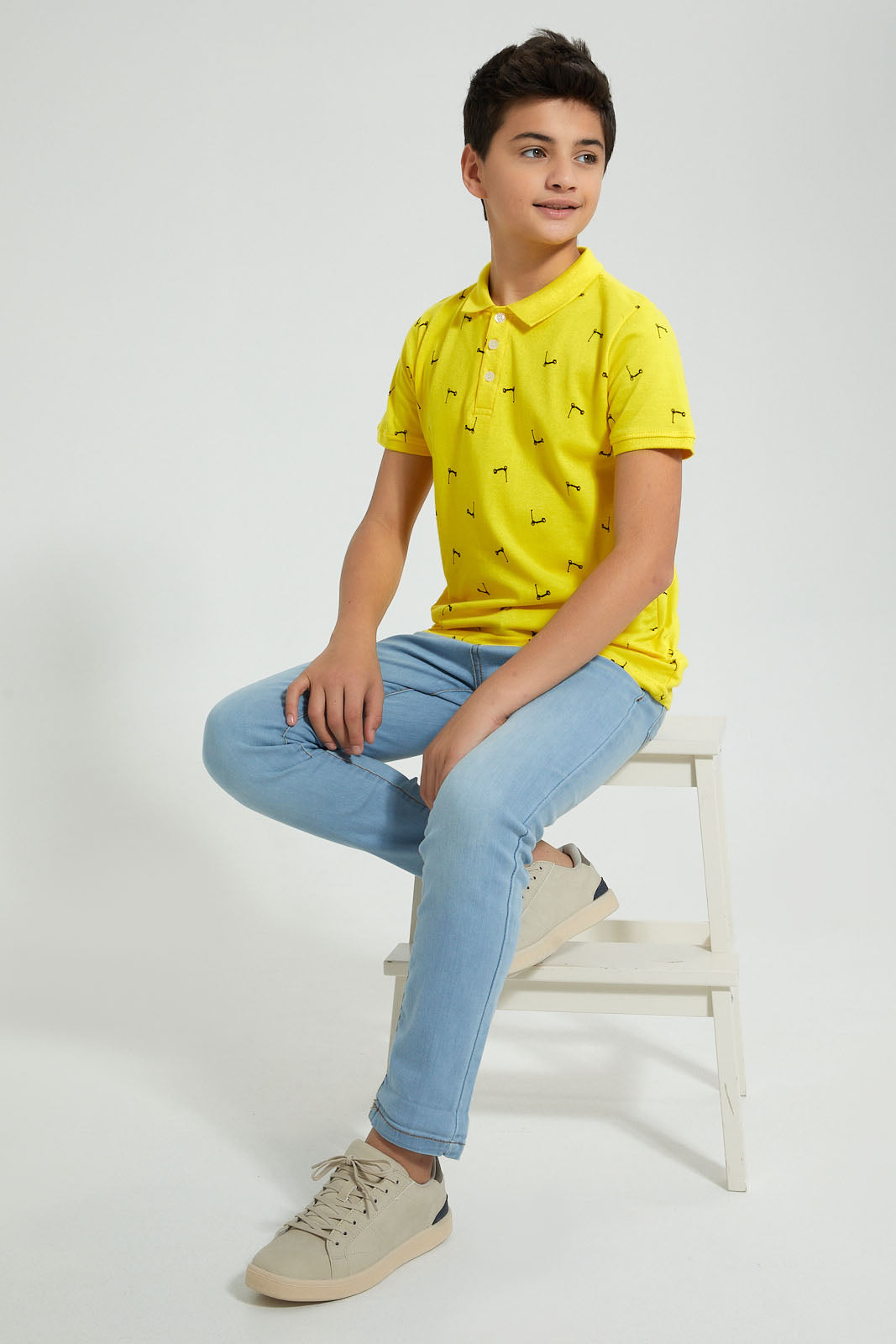 Redtag-Yellow-Scooty-Bike-Aop-Polo-Polo-Shirts-Senior-Boys-9 to 14 Years