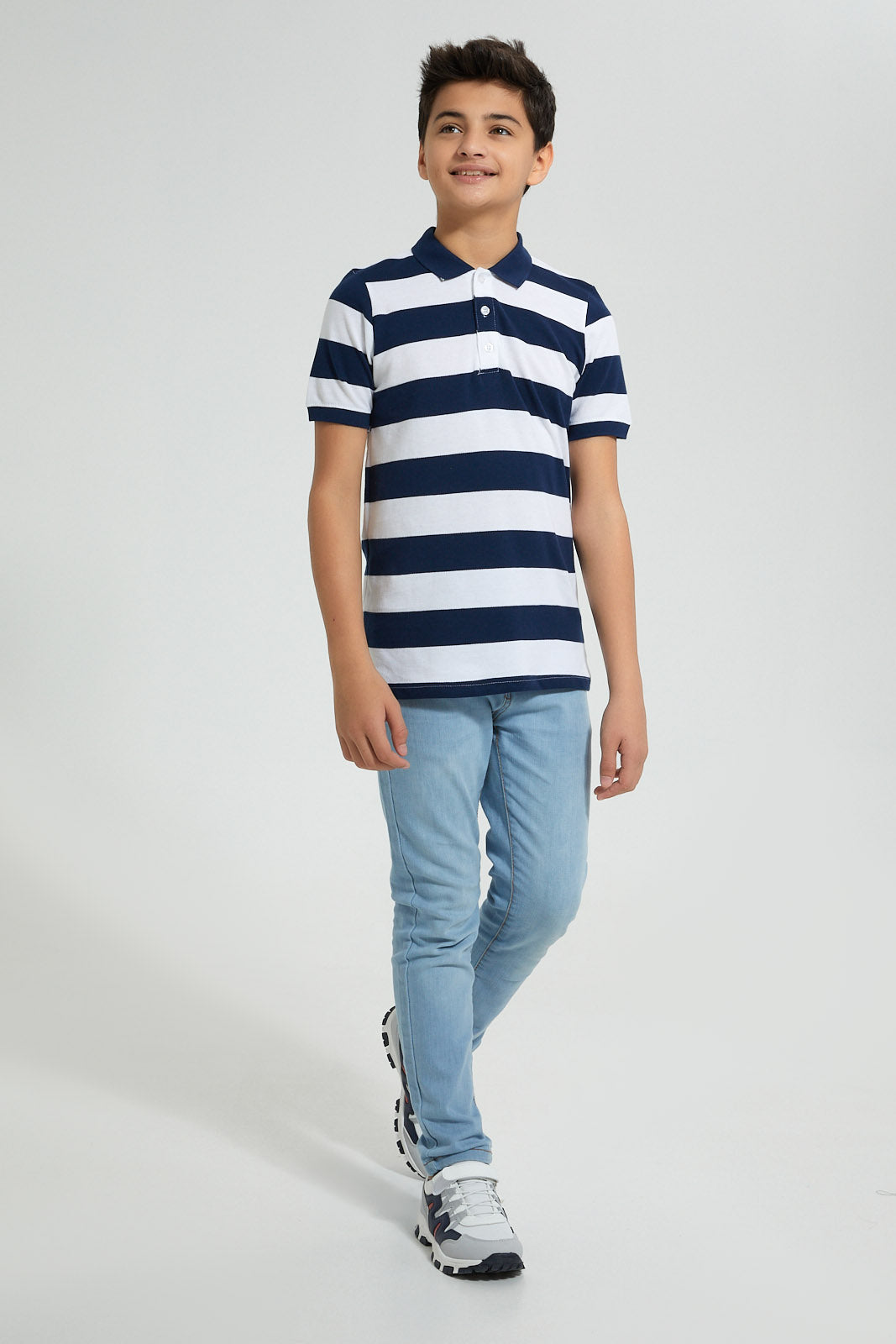 Redtag-Navy-Stripe-Polo-Polo-Shirts-Senior-Boys-9 to 14 Years