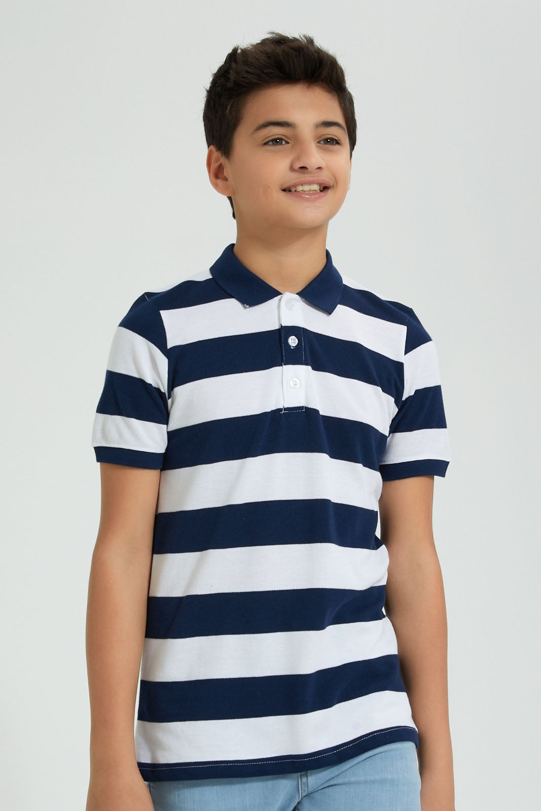Redtag-Navy-Stripe-Polo-Polo-Shirts-Senior-Boys-9 to 14 Years