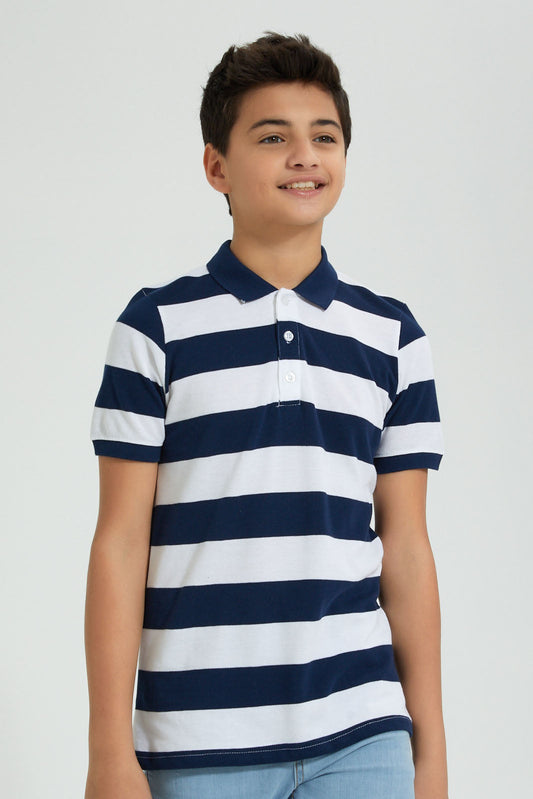 Redtag-Navy-Stripe-Polo-Polo-Shirts-Senior-Boys-9 to 14 Years