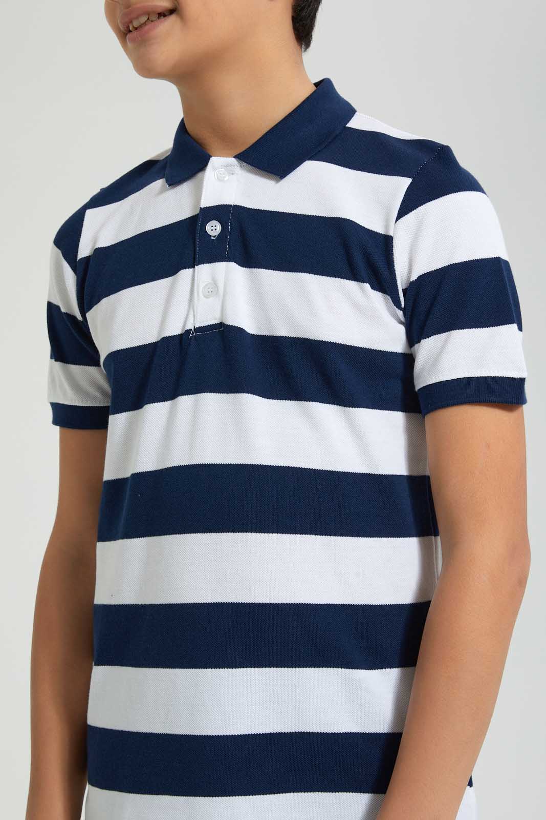 Redtag-Navy-Stripe-Polo-Polo-Shirts-Senior-Boys-9 to 14 Years