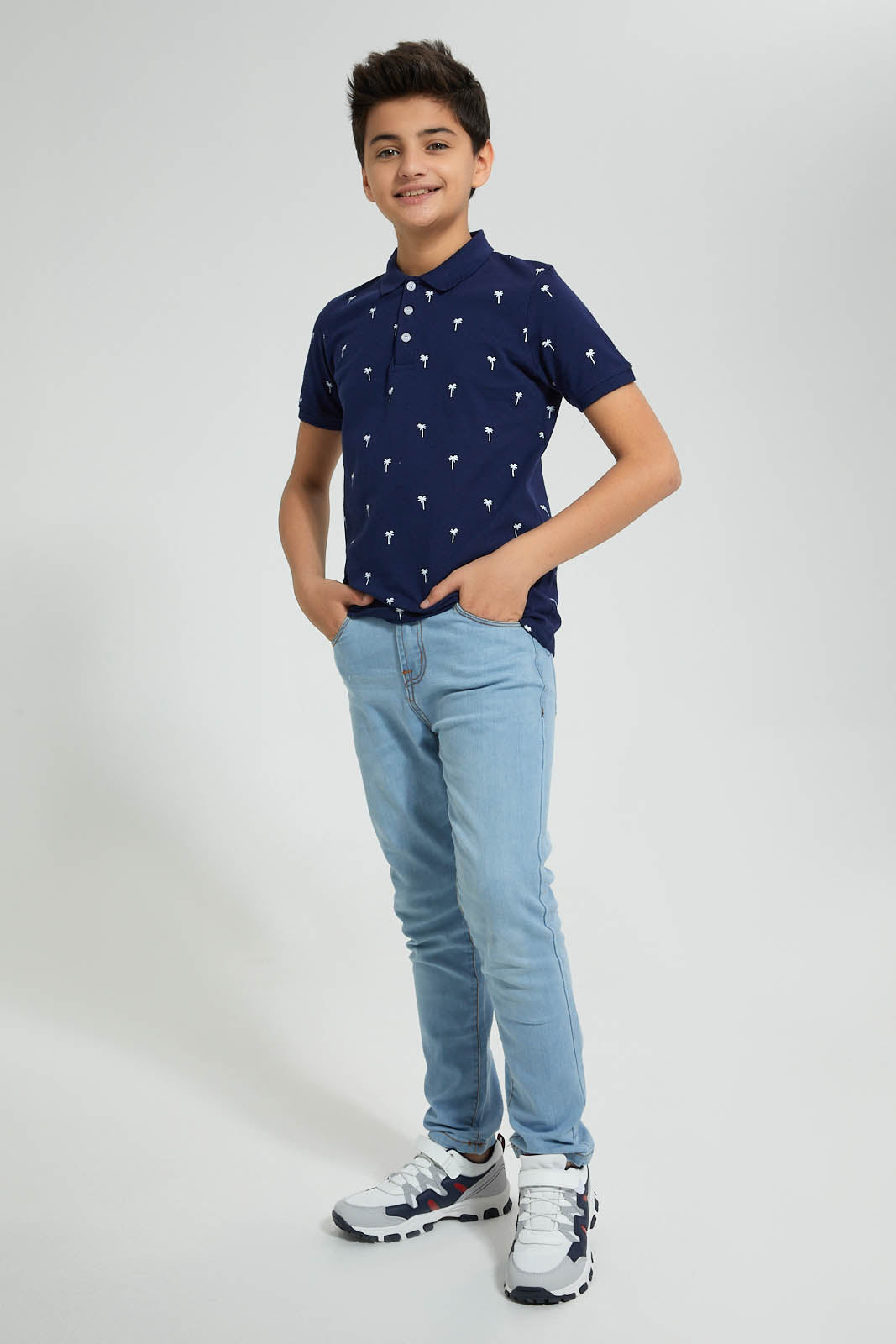 Redtag-Navy-Palm-Tree-Aop-Polo-Polo-Shirts-Senior-Boys-9 to 14 Years