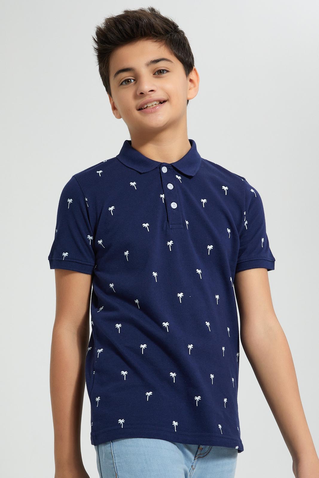Redtag-Navy-Palm-Tree-Aop-Polo-Polo-Shirts-Senior-Boys-9 to 14 Years