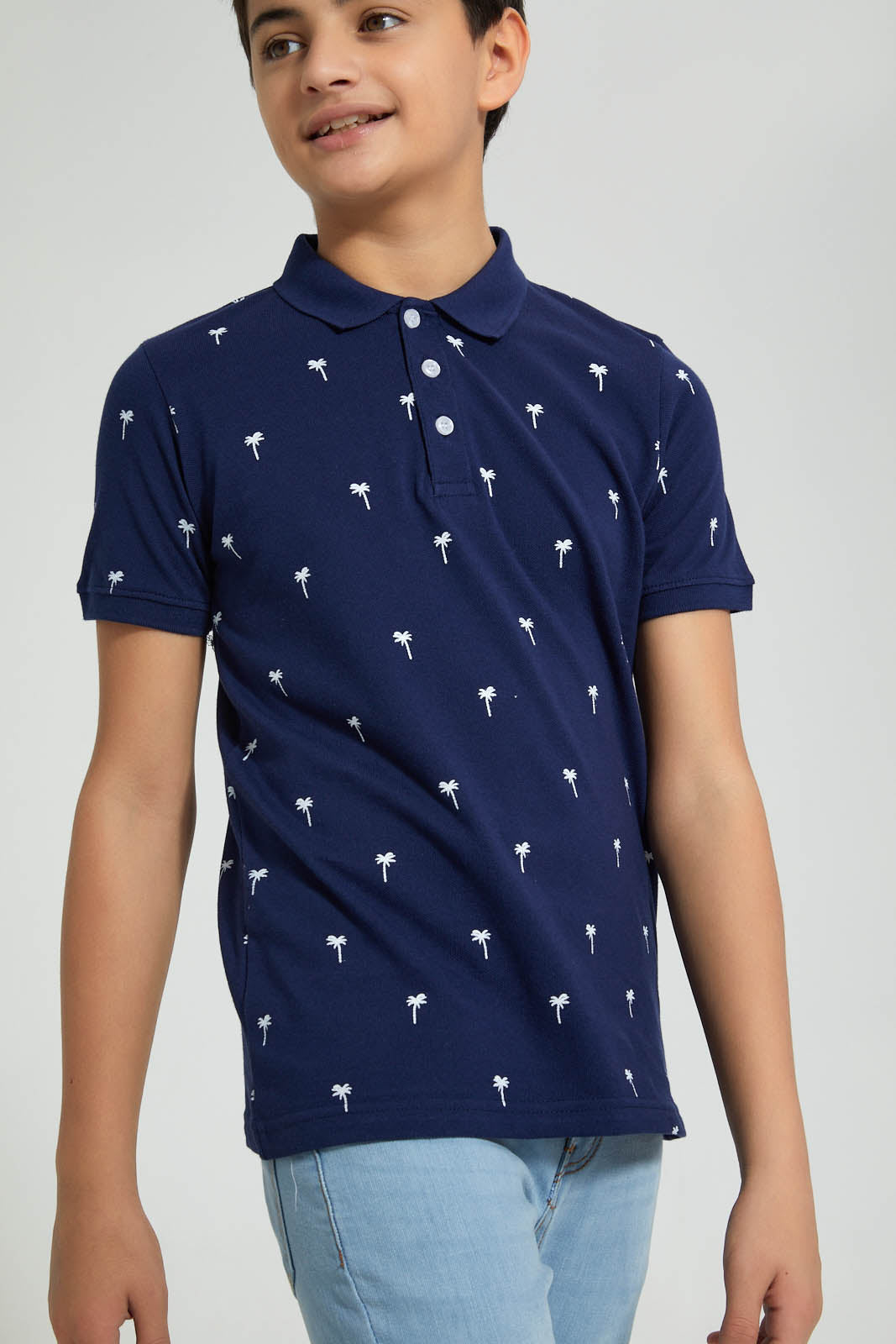 Redtag-Navy-Palm-Tree-Aop-Polo-Polo-Shirts-Senior-Boys-9 to 14 Years
