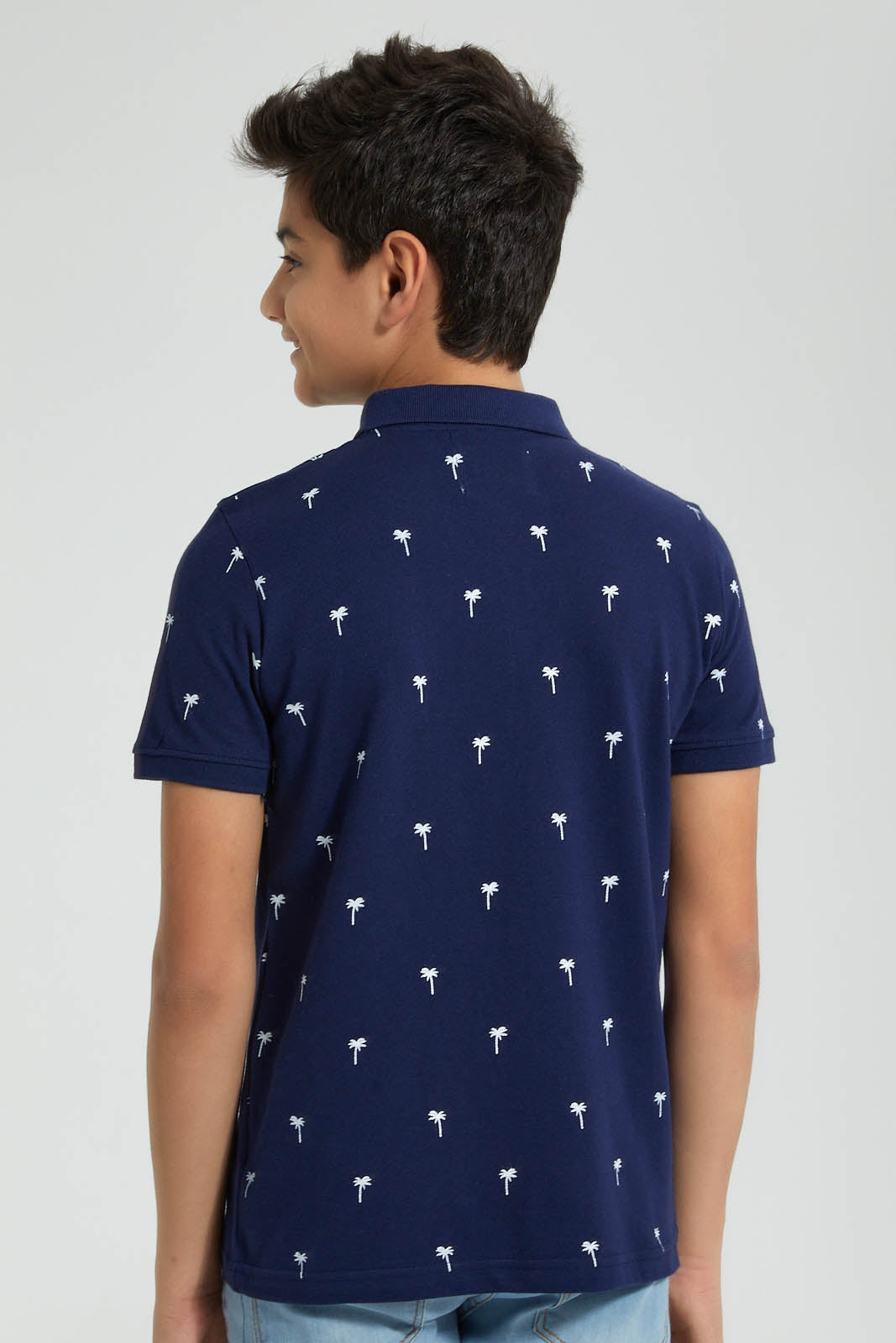 Redtag-Navy-Palm-Tree-Aop-Polo-Polo-Shirts-Senior-Boys-9 to 14 Years