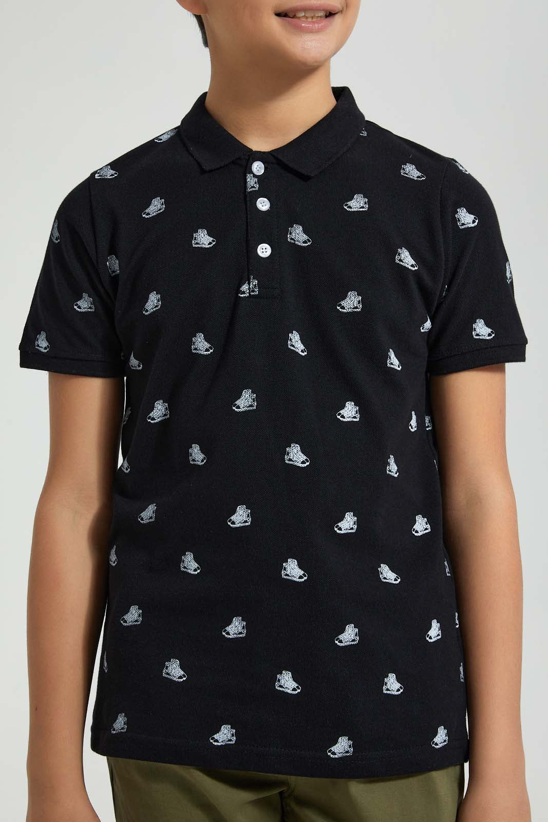 Redtag-Black-Sneakers-Aop-Aop-Polo-Polo-Shirts-Senior-Boys-9 to 14 Years