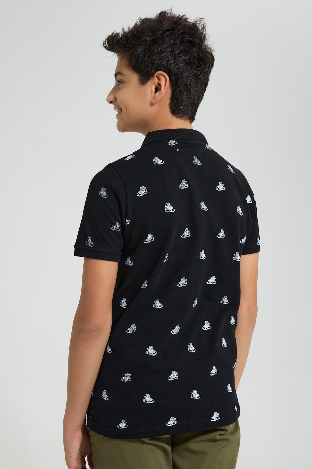 Redtag-Black-Sneakers-Aop-Aop-Polo-Polo-Shirts-Senior-Boys-9 to 14 Years