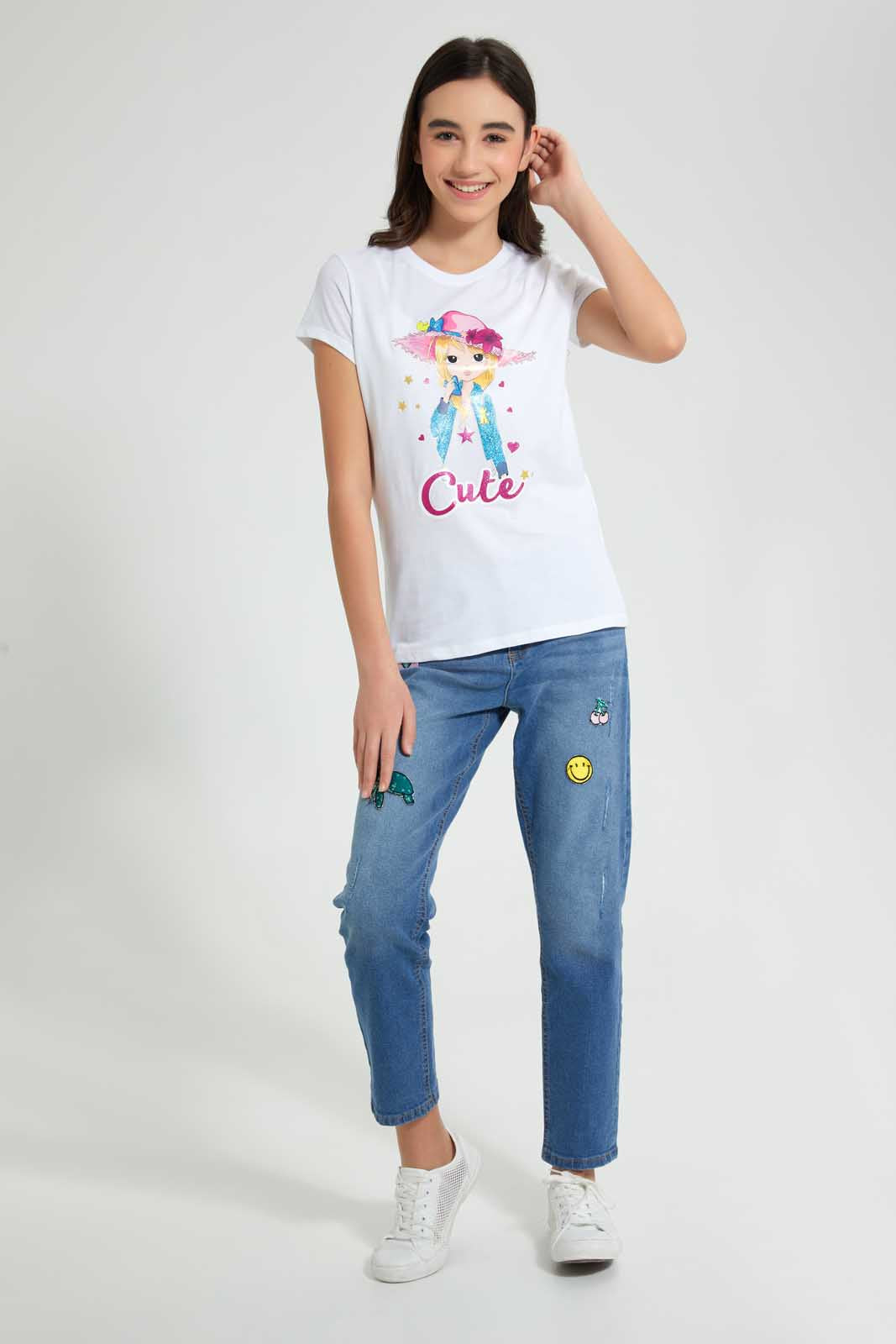 Redtag-White-Graphic-T-Shirt-Cropped-Tops-Senior-Girls-9 to 14 Years