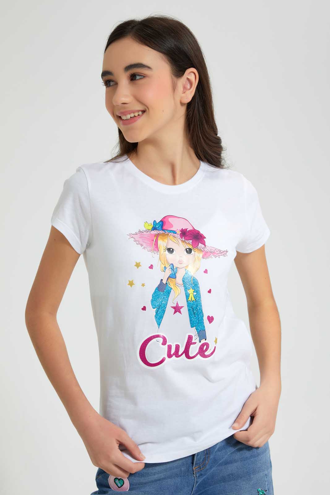 Redtag-White-Graphic-T-Shirt-Cropped-Tops-Senior-Girls-9 to 14 Years