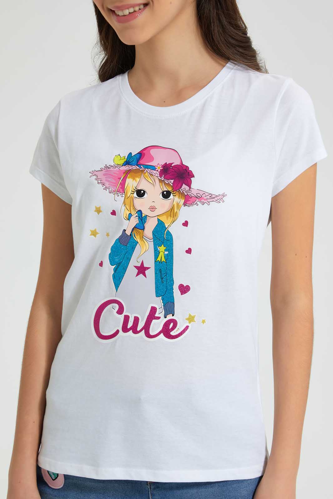 Redtag-White-Graphic-T-Shirt-Cropped-Tops-Senior-Girls-9 to 14 Years