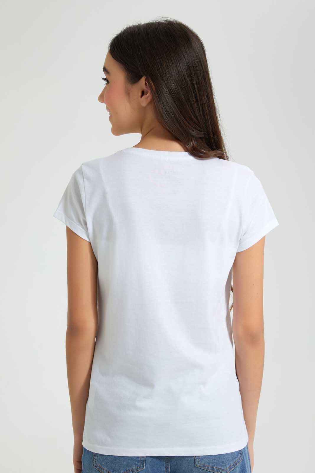 Redtag-White-Graphic-T-Shirt-Cropped-Tops-Senior-Girls-9 to 14 Years