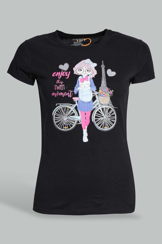 Redtag-Black-Graphic-T-Shirt-Cropped-Tops-Senior-Girls-9 to 14 Years