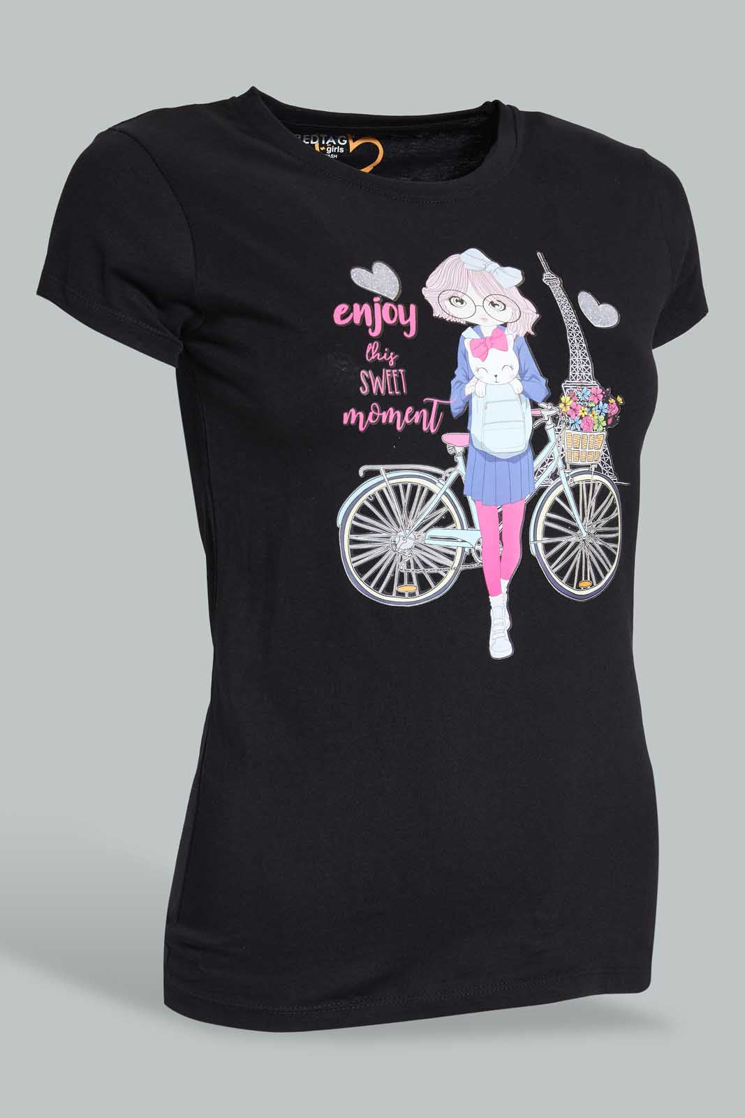 Redtag-Black-Graphic-T-Shirt-Cropped-Tops-Senior-Girls-9 to 14 Years